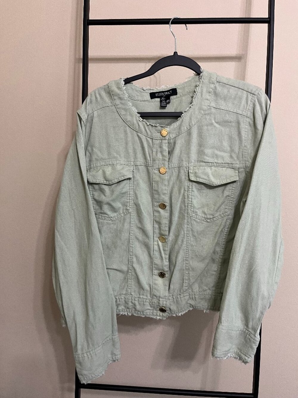 Ellen Tracy Linen Blend Fringed Utility Jacket  Earthy Boho Casual Chic Size XL
